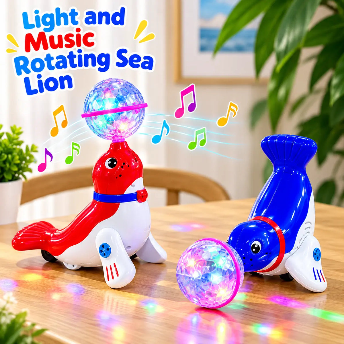 Rotating sea lion musical toy for kids featuring a colorful light-up ball, music and 360-degree rotating movement