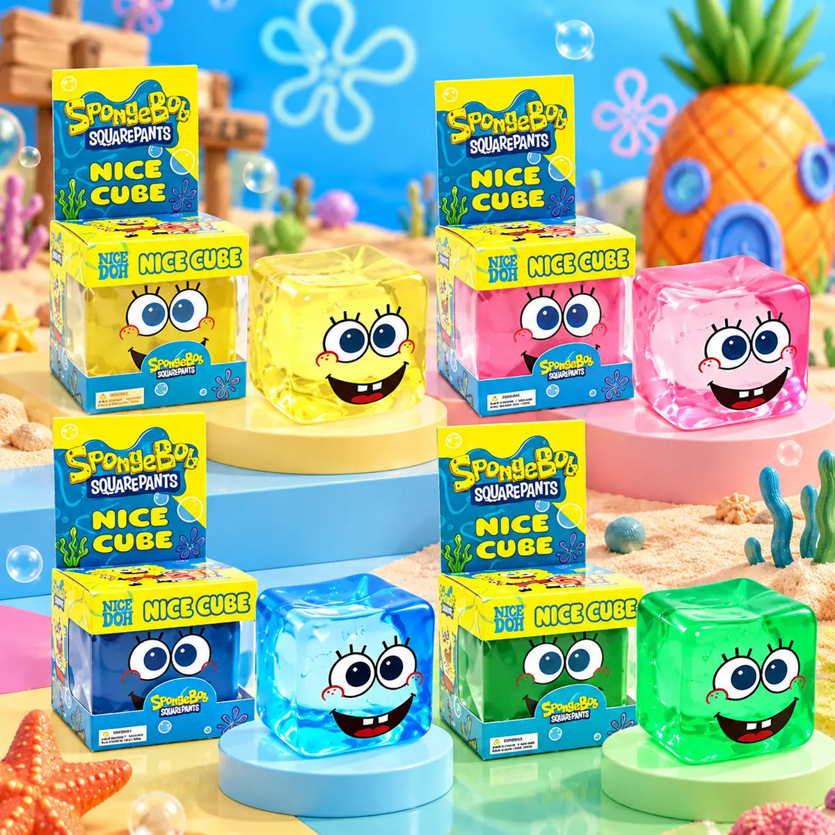 SpongeBob-inspired cube squishy stress relief fidget toy with a colorful design for kids