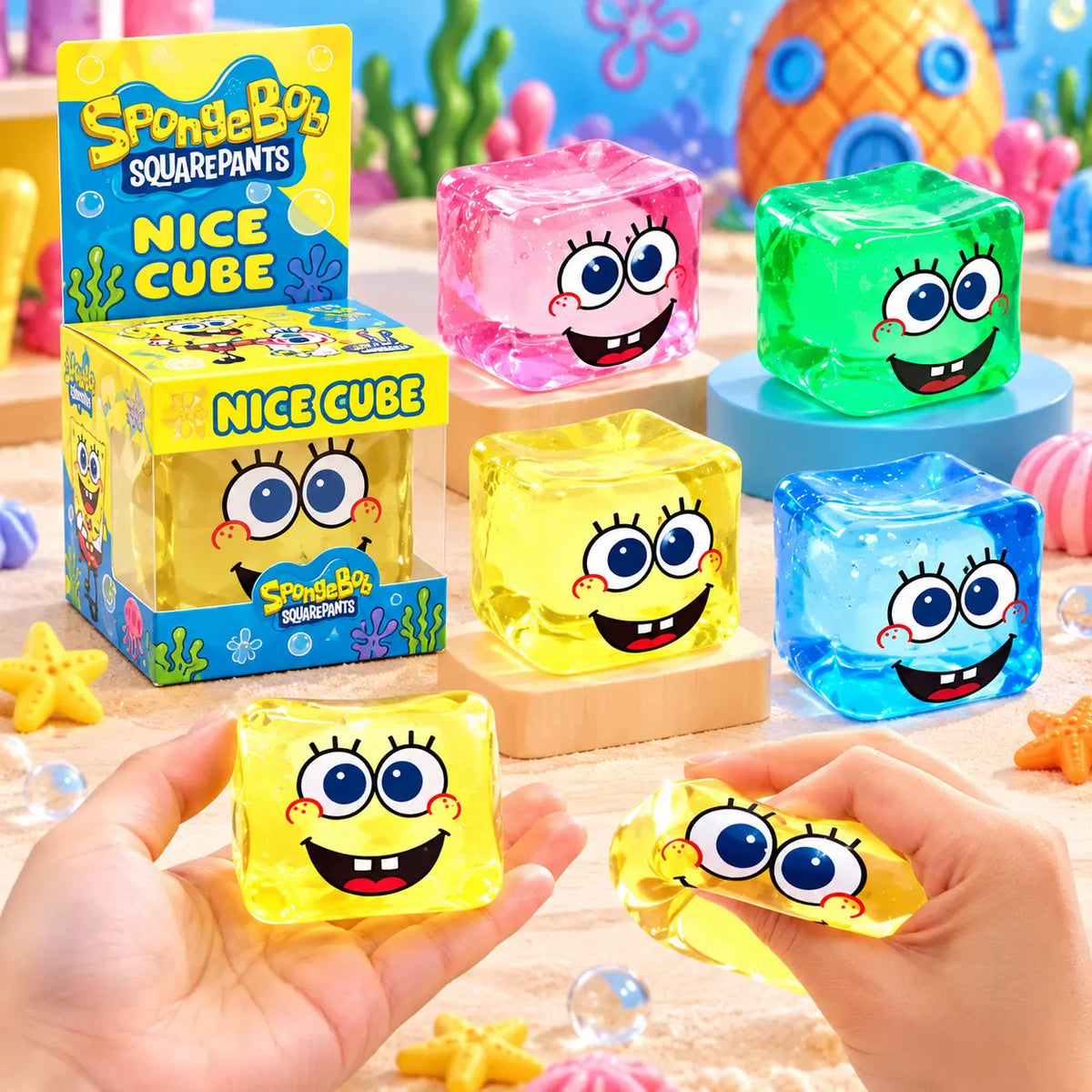 SpongeBob-inspired cube squishy stress relief fidget toy with a colorful design for kids