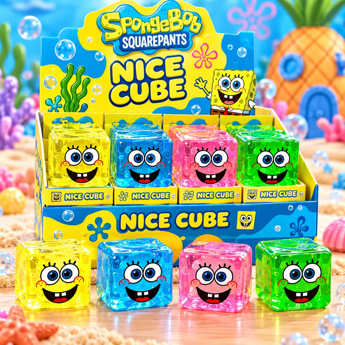 SpongeBob-inspired cube squishy stress relief fidget toy with a colorful design for kids