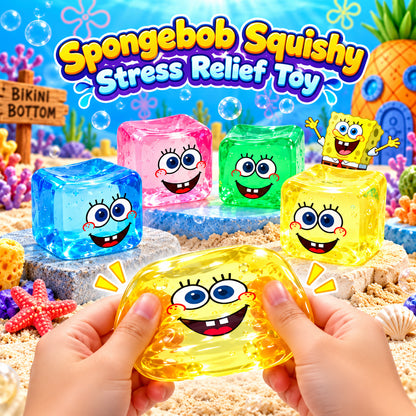SpongeBob-inspired cube squishy stress relief fidget toy with a colorful design for kids
