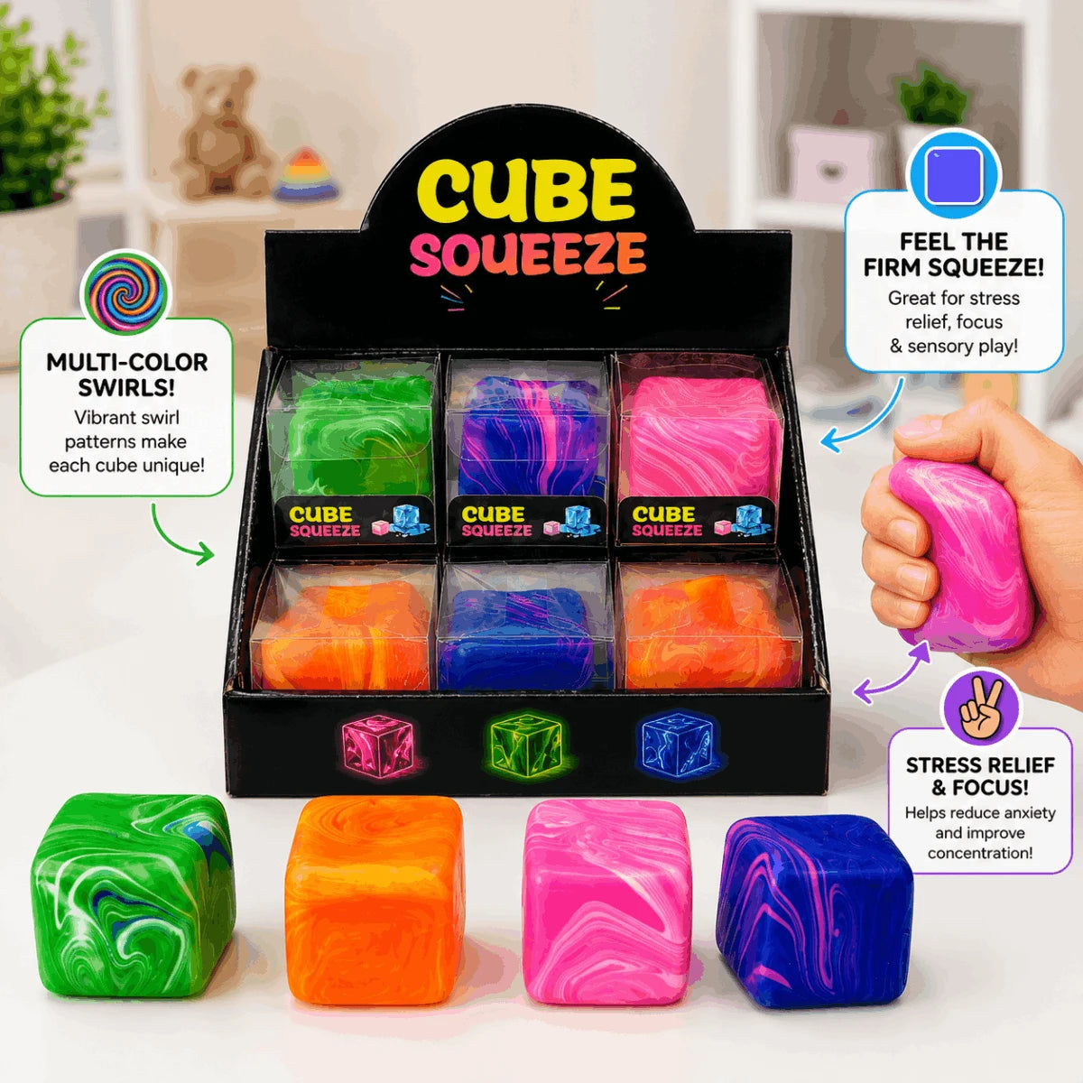 Squeeze Cube Stress Relief Toy Colorful Fidget Cube for Kids