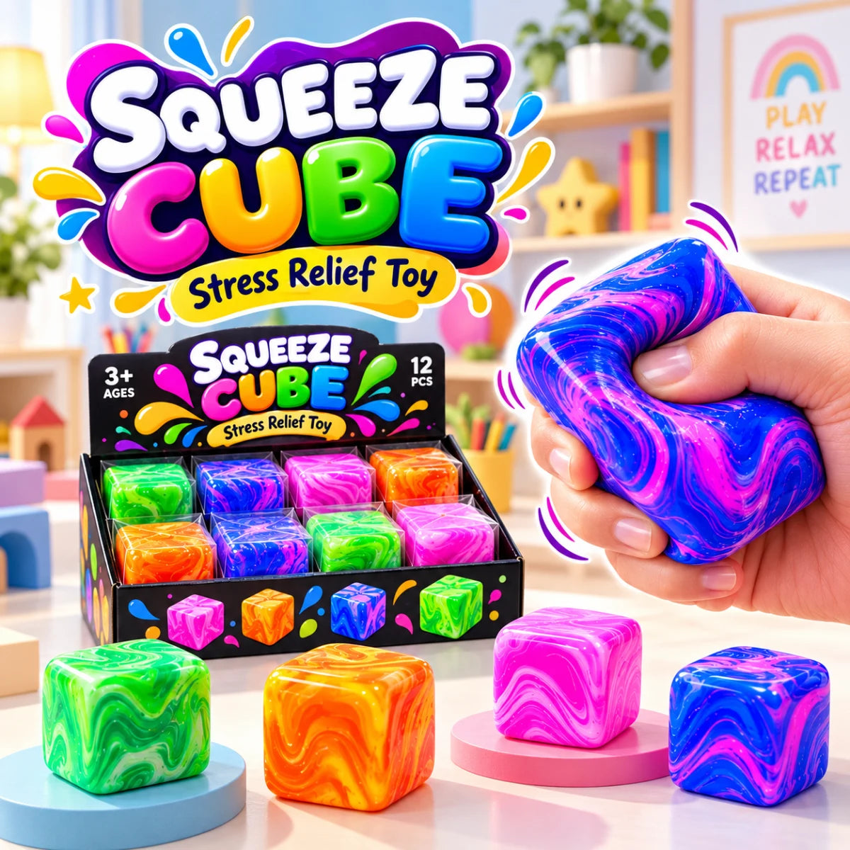 Squeeze Cube Stress Relief Toy Colorful Fidget Cube for Kids