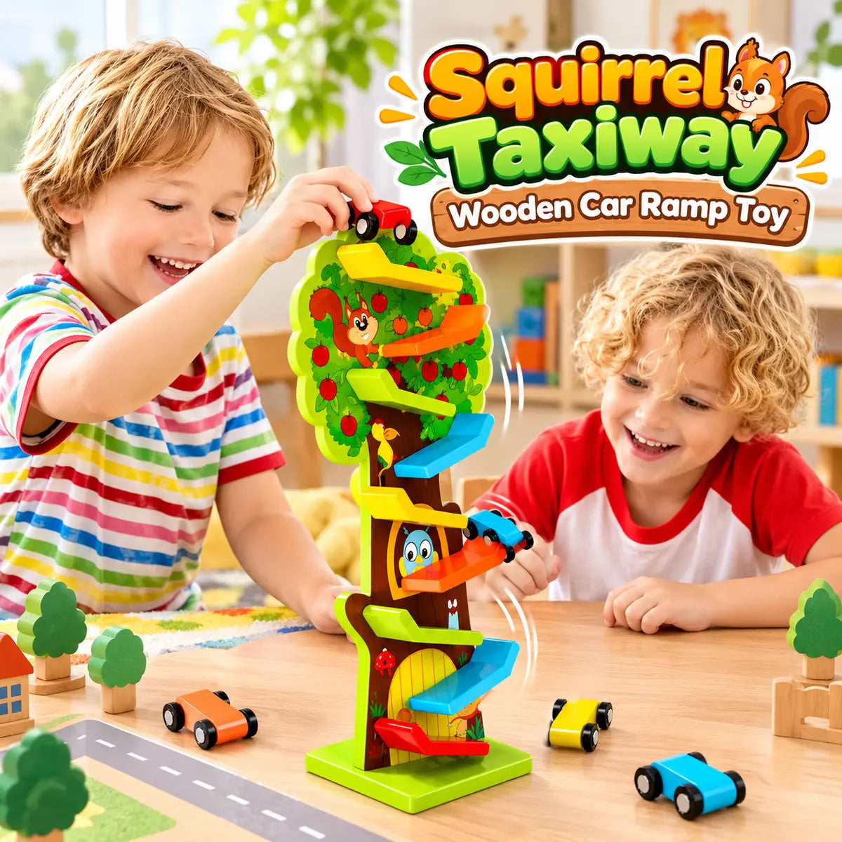 Squirrel Taxiway Wooden Car Ramp Toy with Rolling Cars for Kids