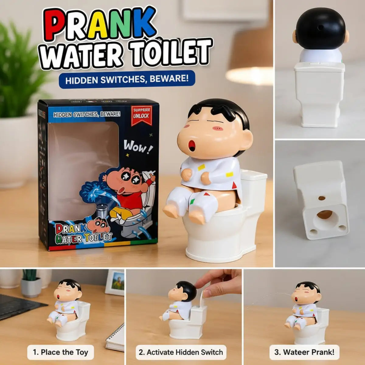 Toilet Shin-chan Prank Toy Funny Hidden Water Spray Surprise Novelty Toy for Kids and Adults