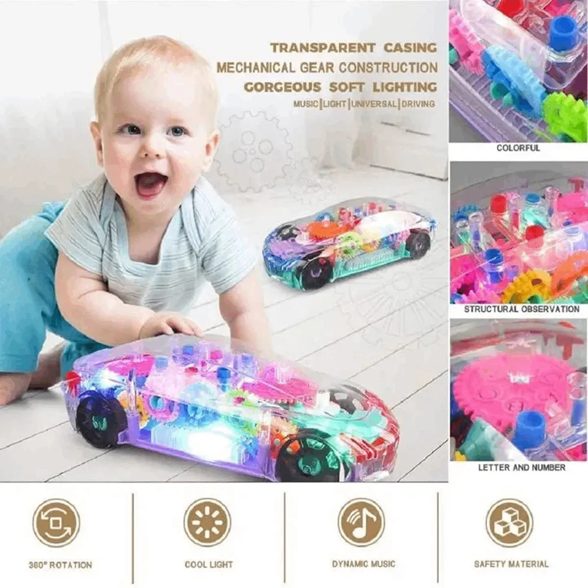 Kids Transparent Electric Toy Car – Lights, Music & Universal Gear