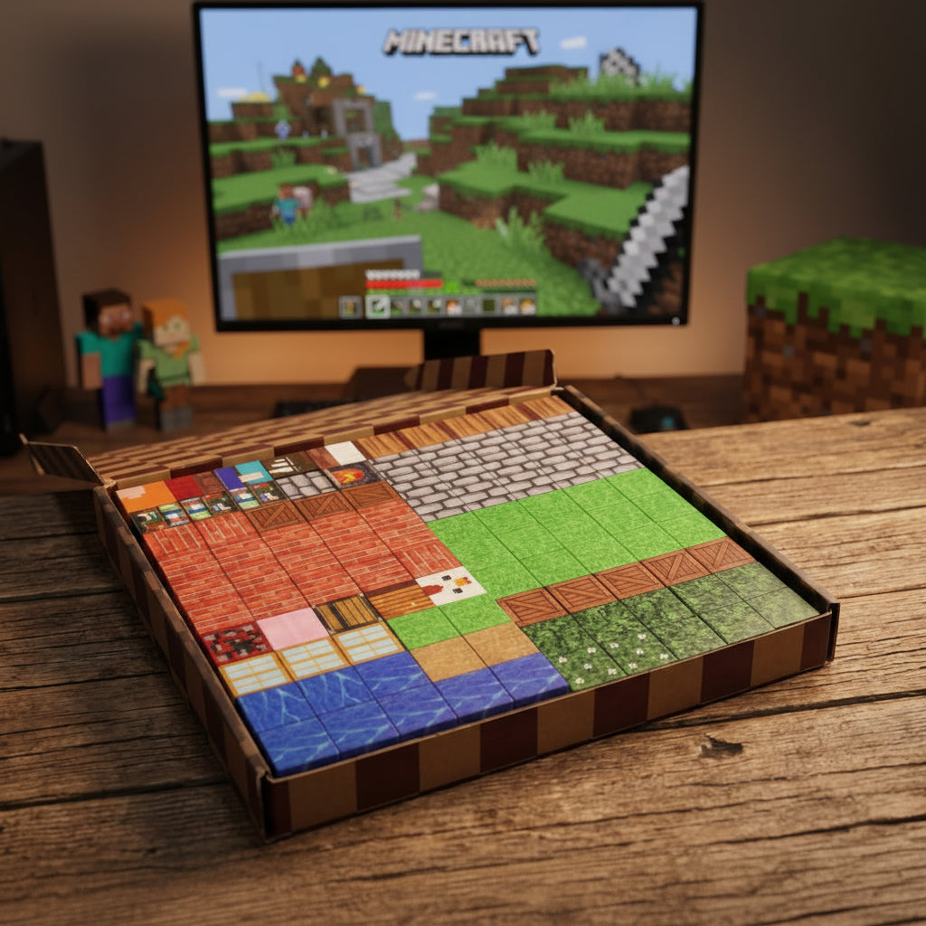Collection of Minecraft-themed building blocks in a box on a wooden surface with a TV in the background.