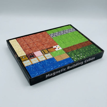 Box of Magnetic Buildings Cubes with colorful design on a gray background