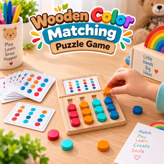 Wooden color matching puzzle board game with colorful pieces and pattern cards for kids