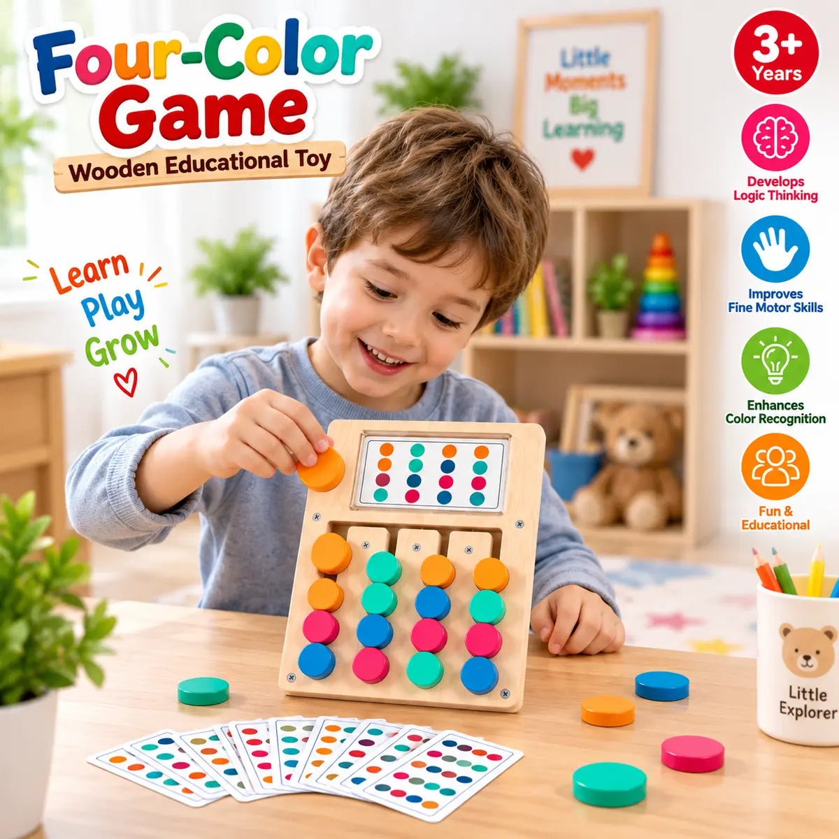 Wooden color matching puzzle board game with colorful pieces and pattern cards for kids