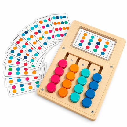 Wooden color matching puzzle board game with colorful pieces and pattern cards for kids