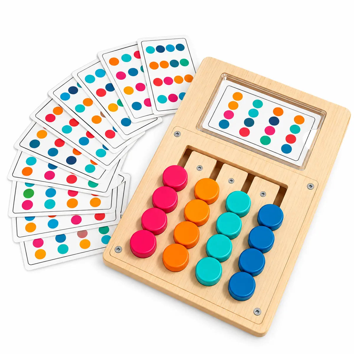 Wooden color matching puzzle board game with colorful pieces and pattern cards for kids