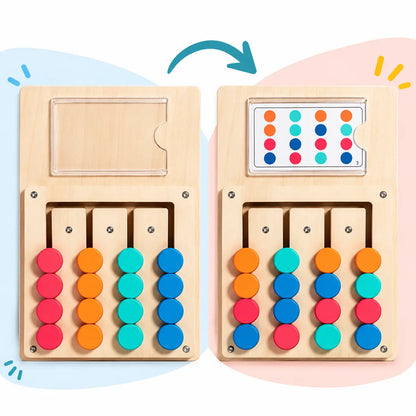 Wooden color matching puzzle board game with colorful pieces and pattern cards for kids