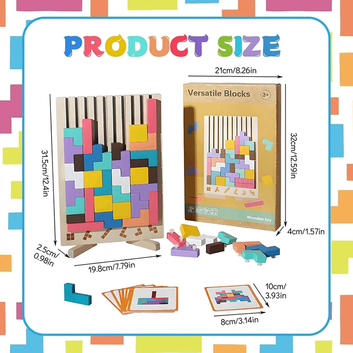 Wooden color matching puzzle board game with colorful pieces and pattern cards for kids