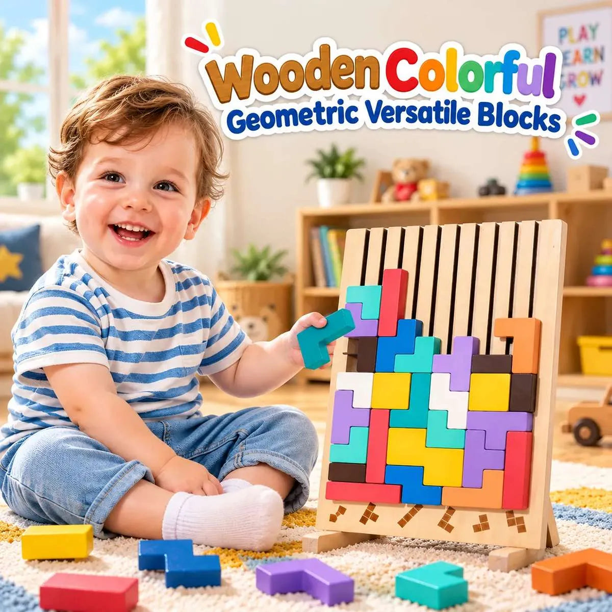 Wooden color matching puzzle board game with colorful pieces and pattern cards for kids