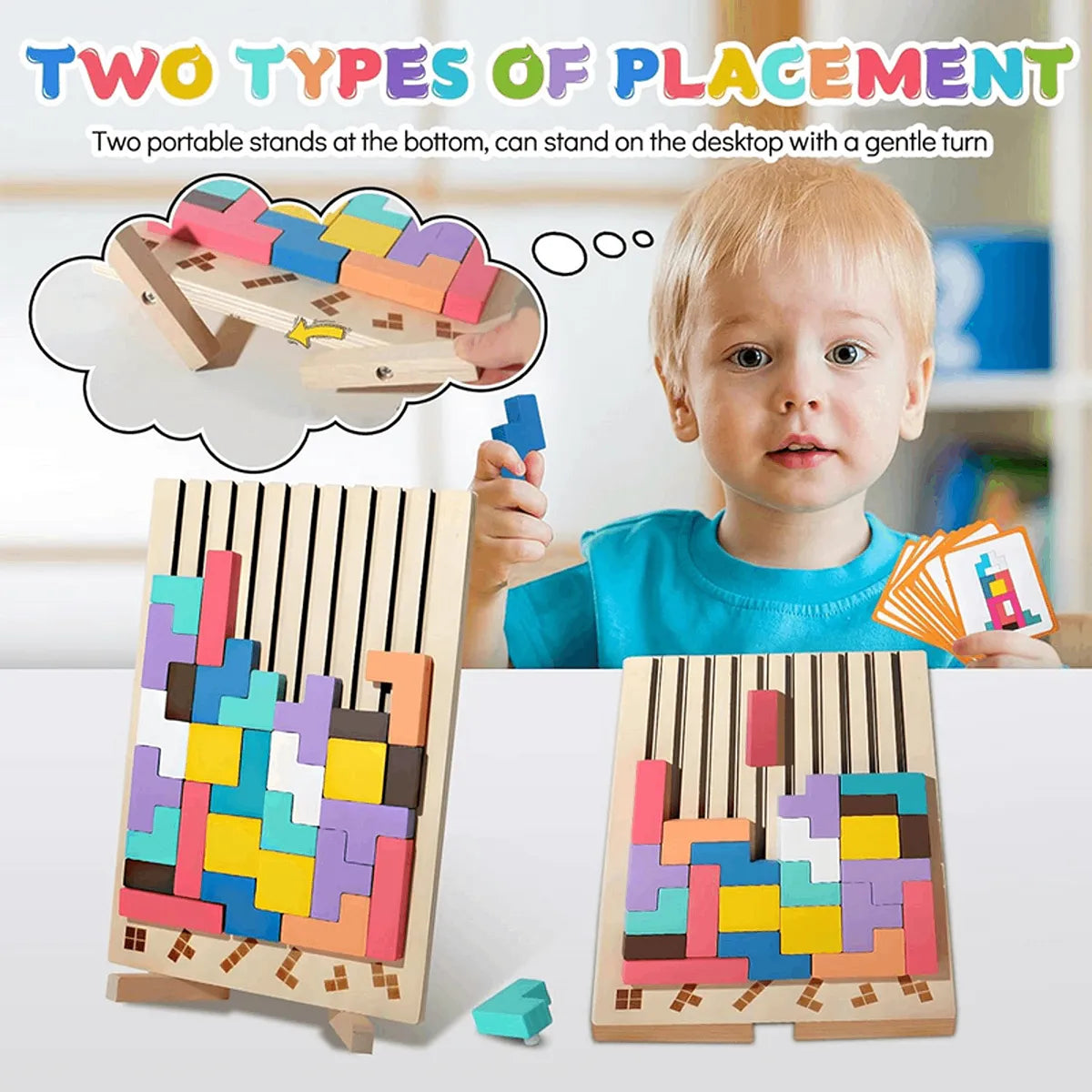 Wooden color matching puzzle board game with colorful pieces and pattern cards for kids