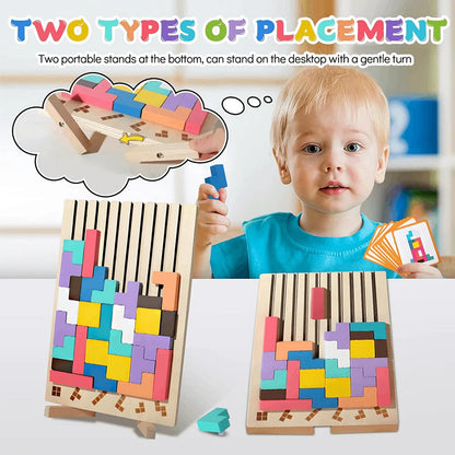 Wooden color matching puzzle board game with colorful pieces and pattern cards for kids