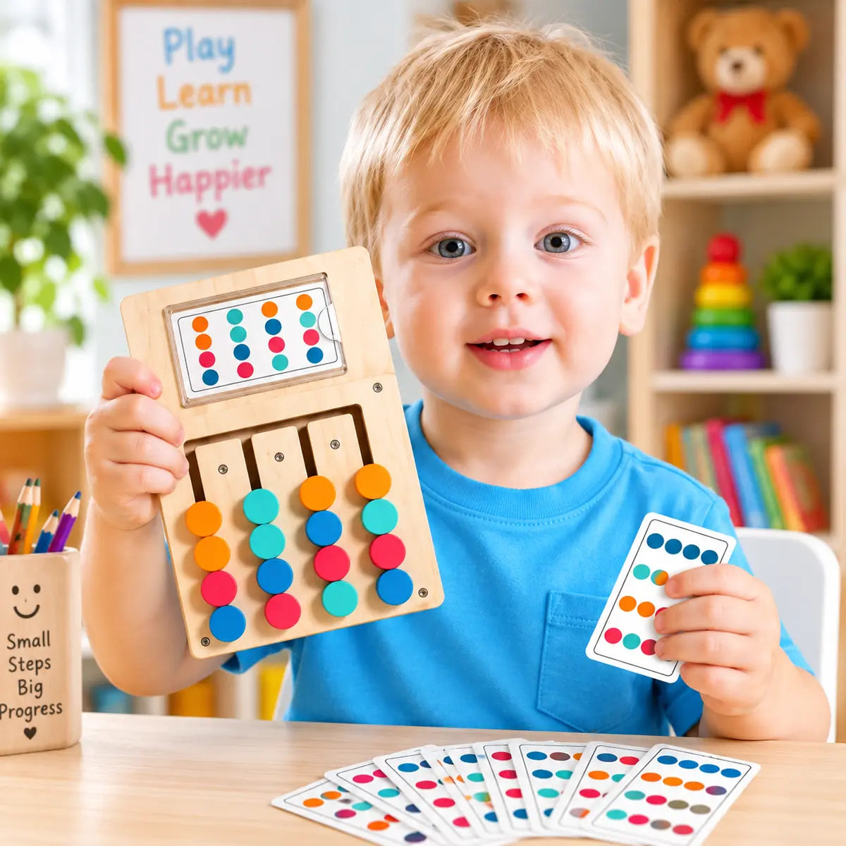 Wooden color matching puzzle board game with colorful pieces and pattern cards for kids