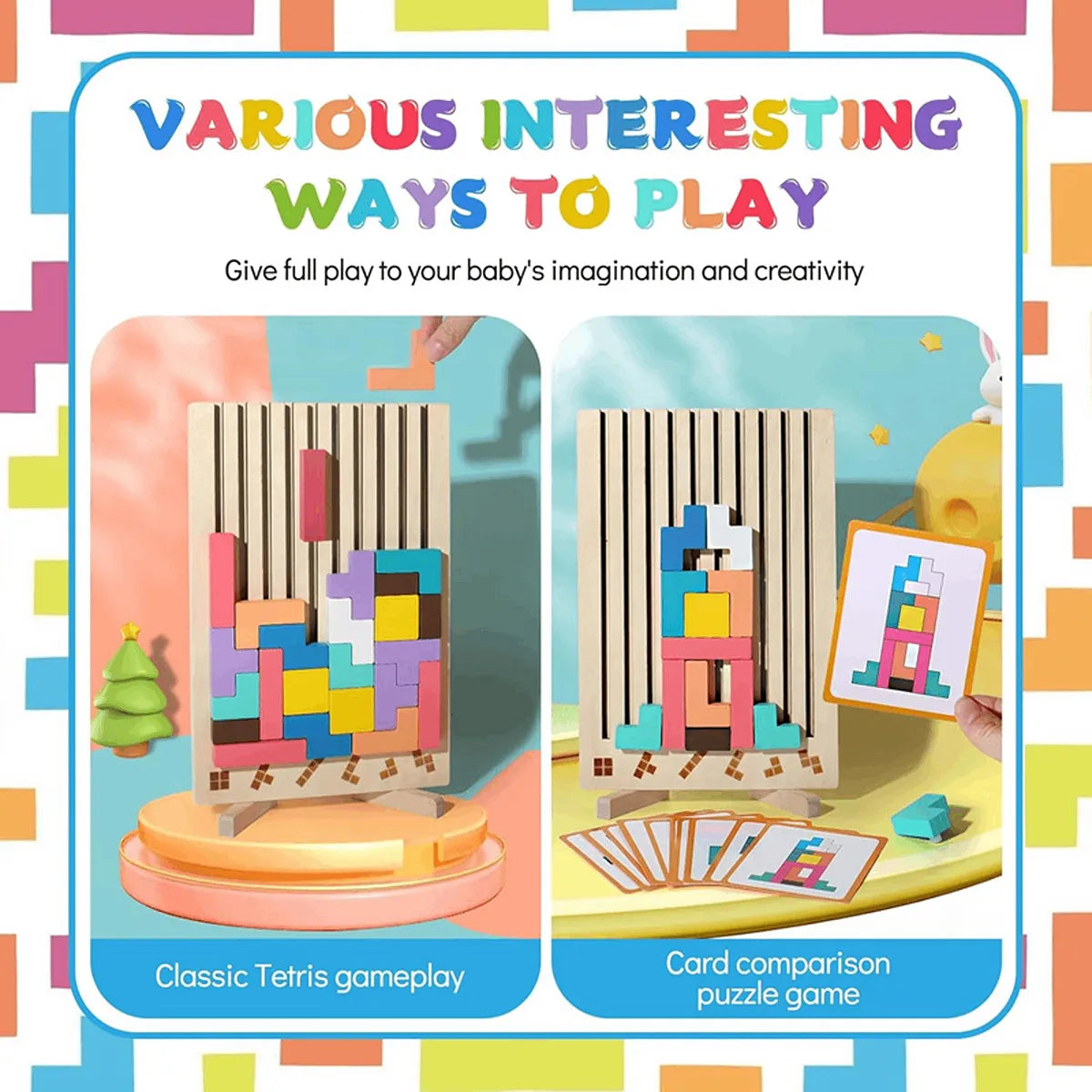Wooden color matching puzzle board game with colorful pieces and pattern cards for kids