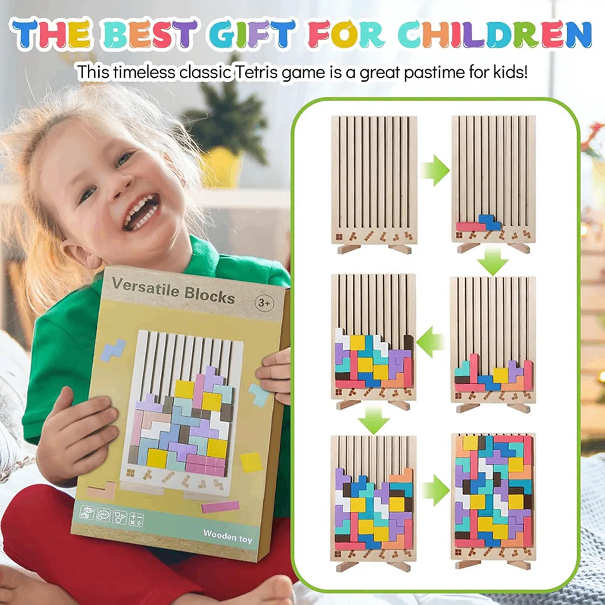 Wooden color matching puzzle board game with colorful pieces and pattern cards for kids
