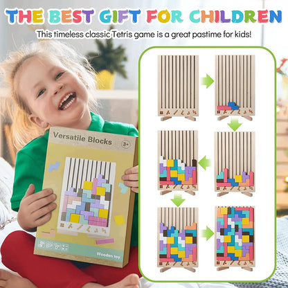 Wooden color matching puzzle board game with colorful pieces and pattern cards for kids