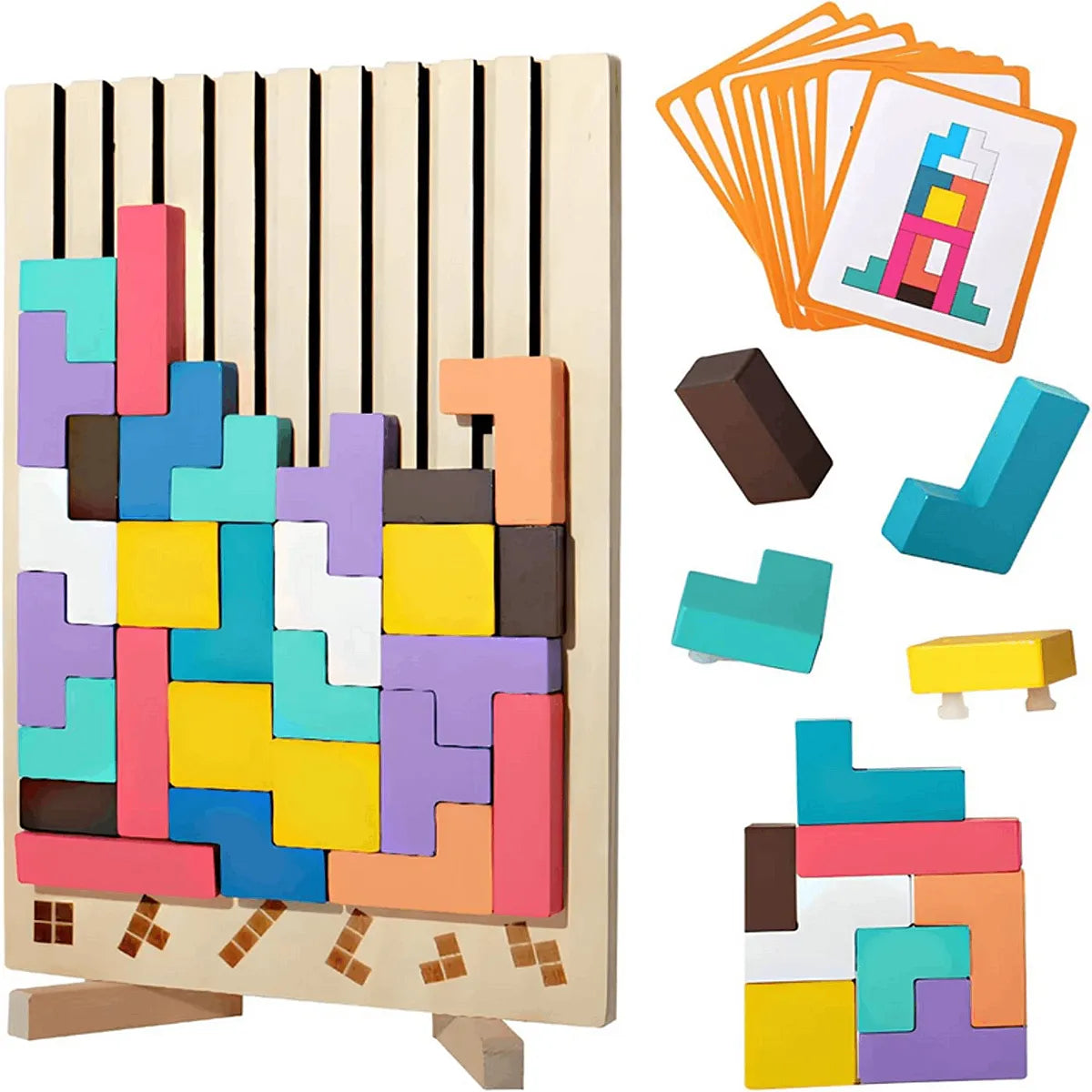 Wooden color matching puzzle board game with colorful pieces and pattern cards for kids