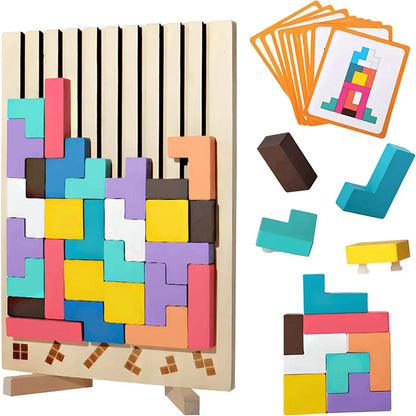 Wooden color matching puzzle board game with colorful pieces and pattern cards for kids
