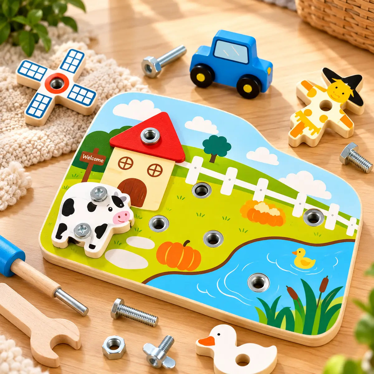 Wooden Farm-Themed Screw Board Montessori Fine Motor Activity Toy for Kids