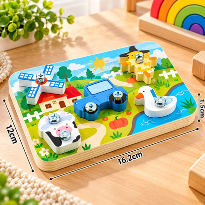 Wooden Farm-Themed Screw Board Montessori Fine Motor Activity Toy for Kids