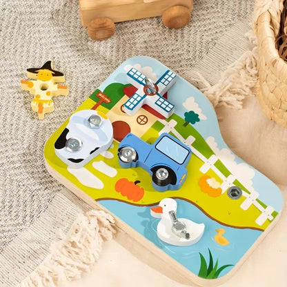 Wooden Farm-Themed Screw Board Montessori Fine Motor Activity Toy for Kids