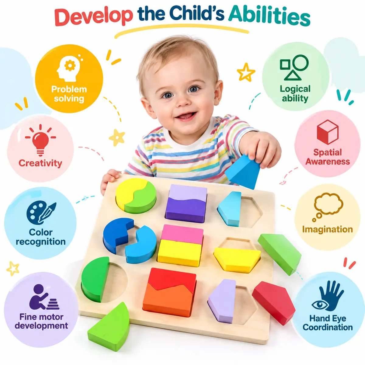 Wooden puzzle shapes educational toy with colorful shape matching boards for kids