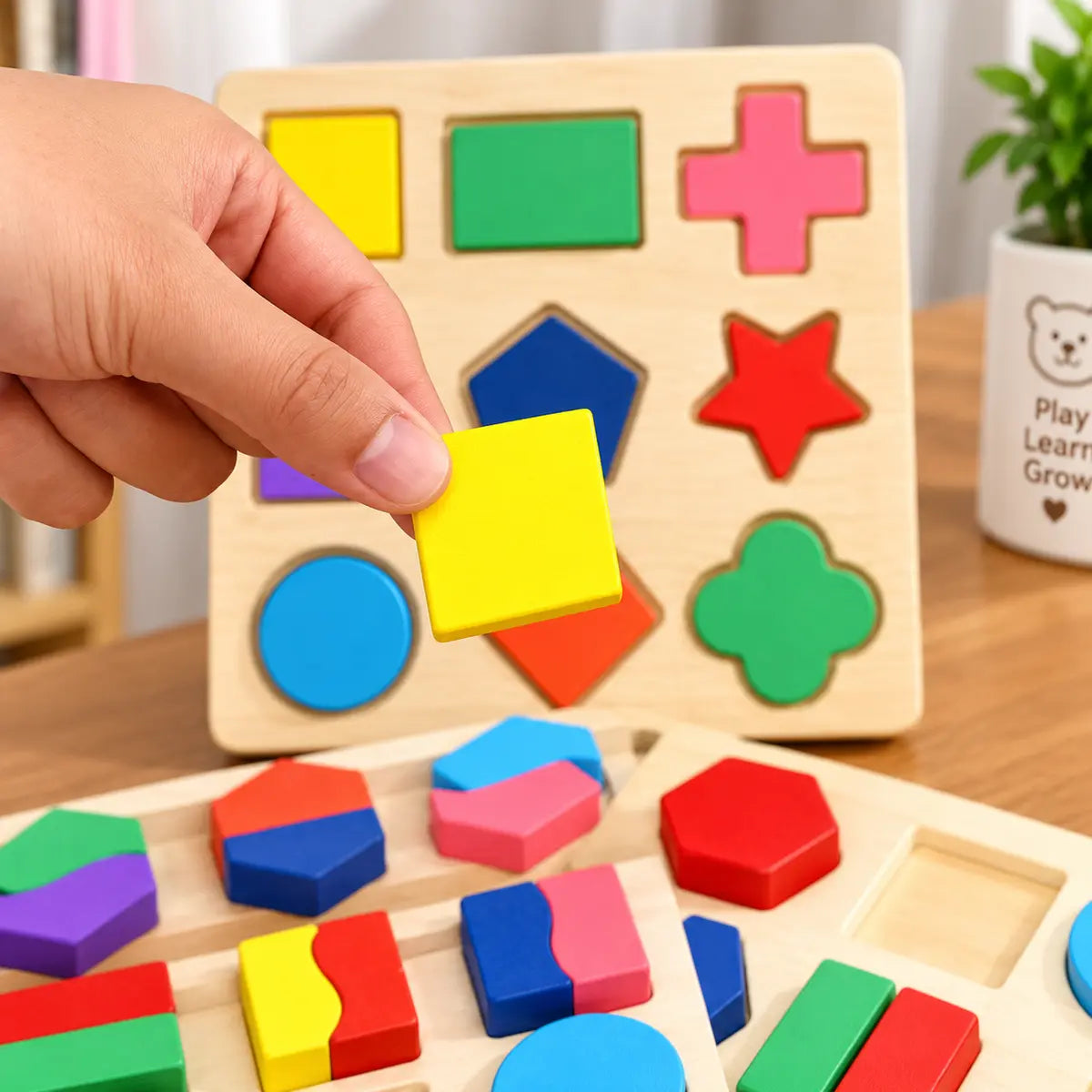 Wooden puzzle shapes educational toy with colorful shape matching boards for kids