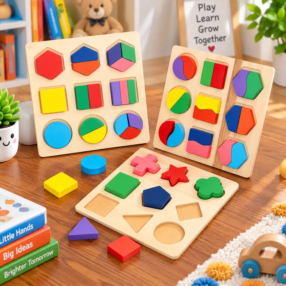 Wooden puzzle shapes educational toy with colorful shape matching boards for kids