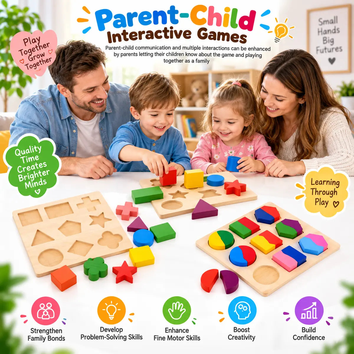 Wooden puzzle shapes educational toy with colorful shape matching boards for kids