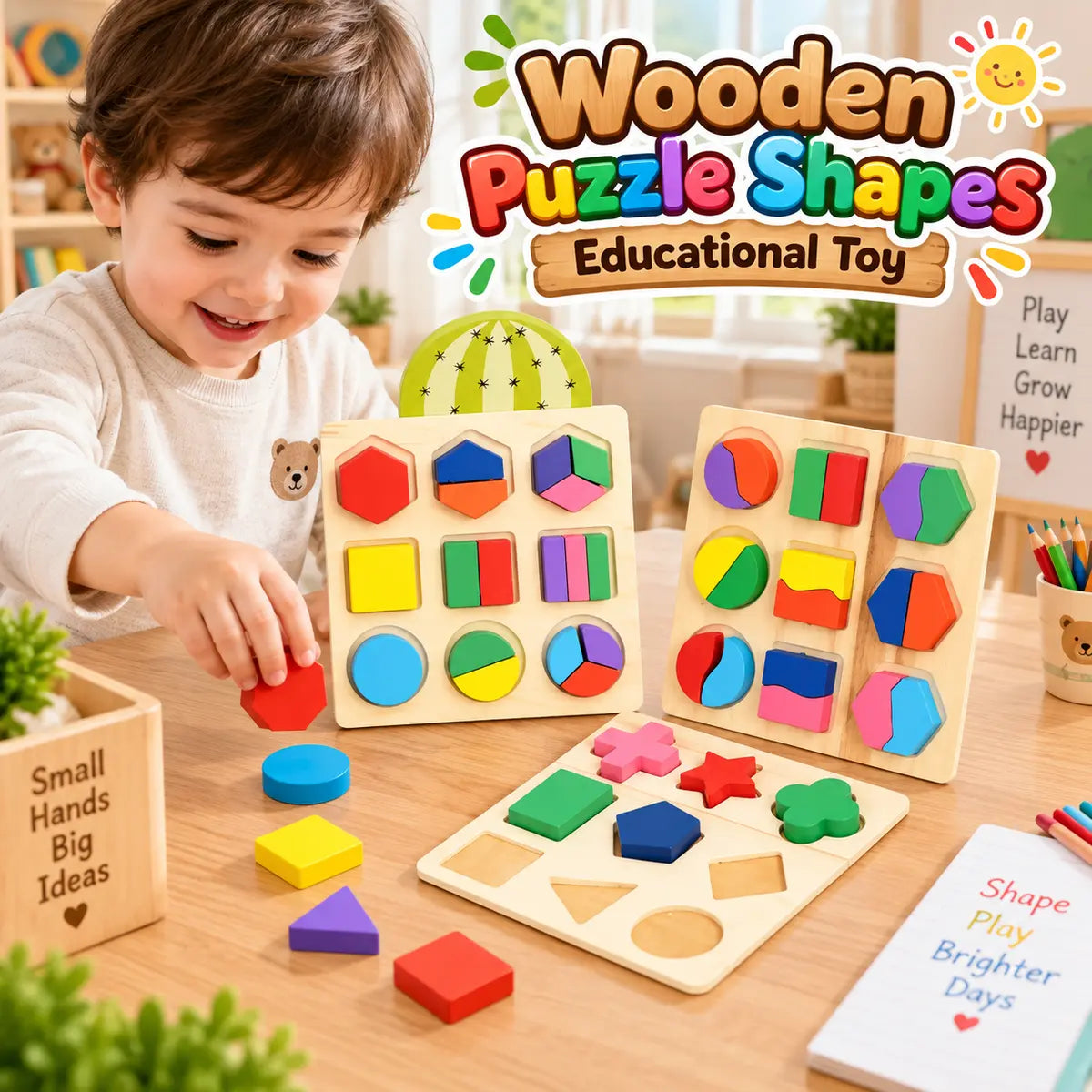Wooden puzzle shapes educational toy with colorful shape matching boards for kids