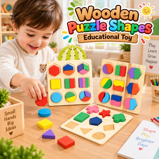 Wooden puzzle shapes educational toy with colorful shape matching boards for kids