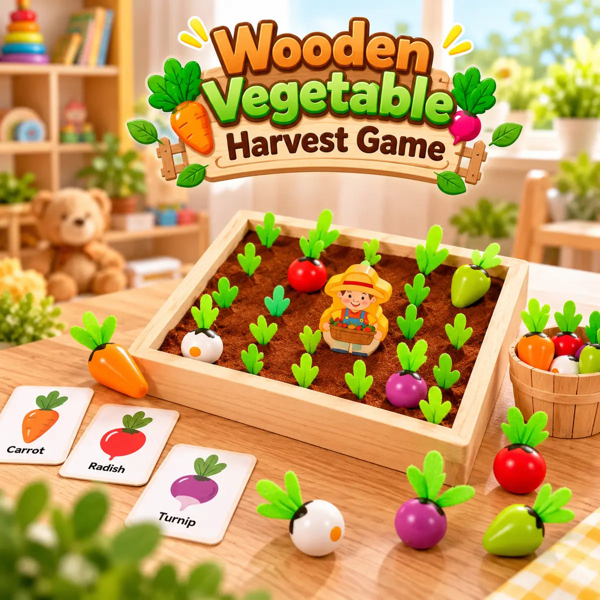 Wooden Vegetable Harvest Learning Game with Colorful Vegetable Pieces for Kids
