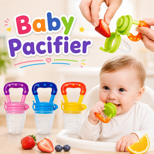 Baby using a blue fruit pouch, close-up of fruit pouches with fruits, and baby eating from a green fruit pouch.