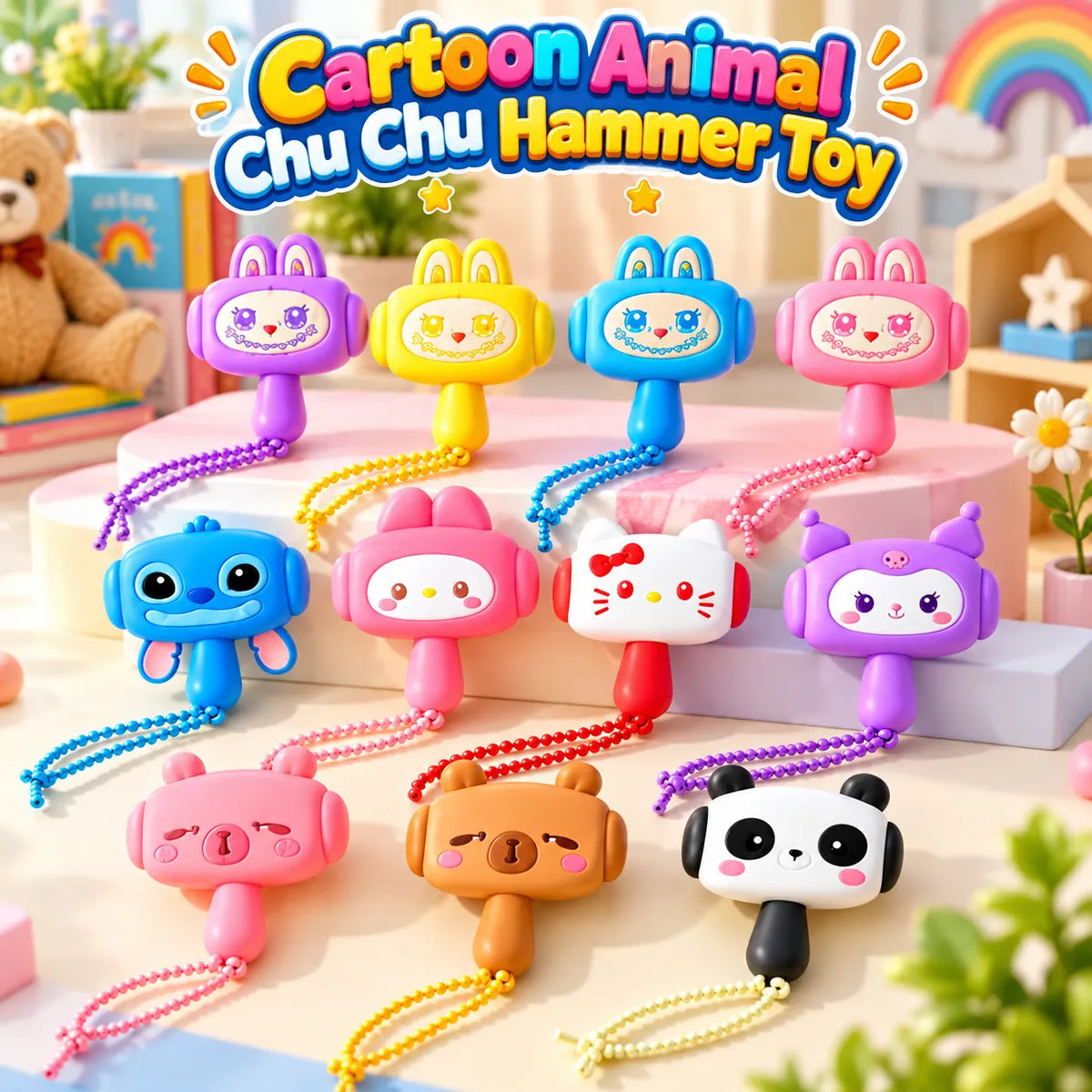 Cartoon animal musical hammer keychain toy with a cute character design