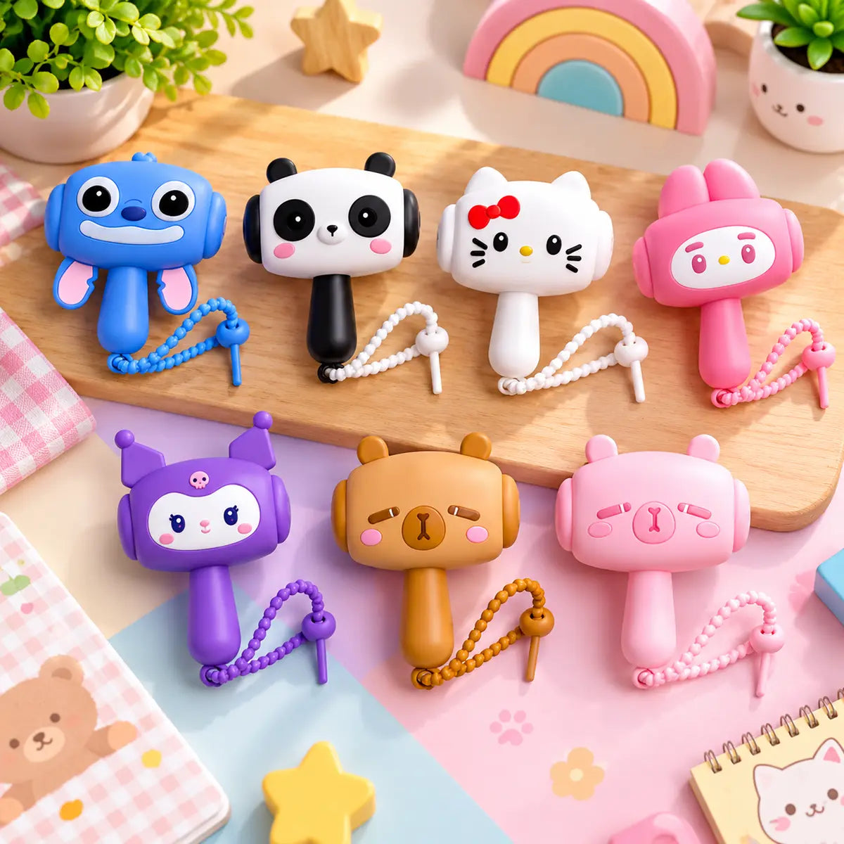 Cartoon animal musical hammer keychain toy with a cute character design