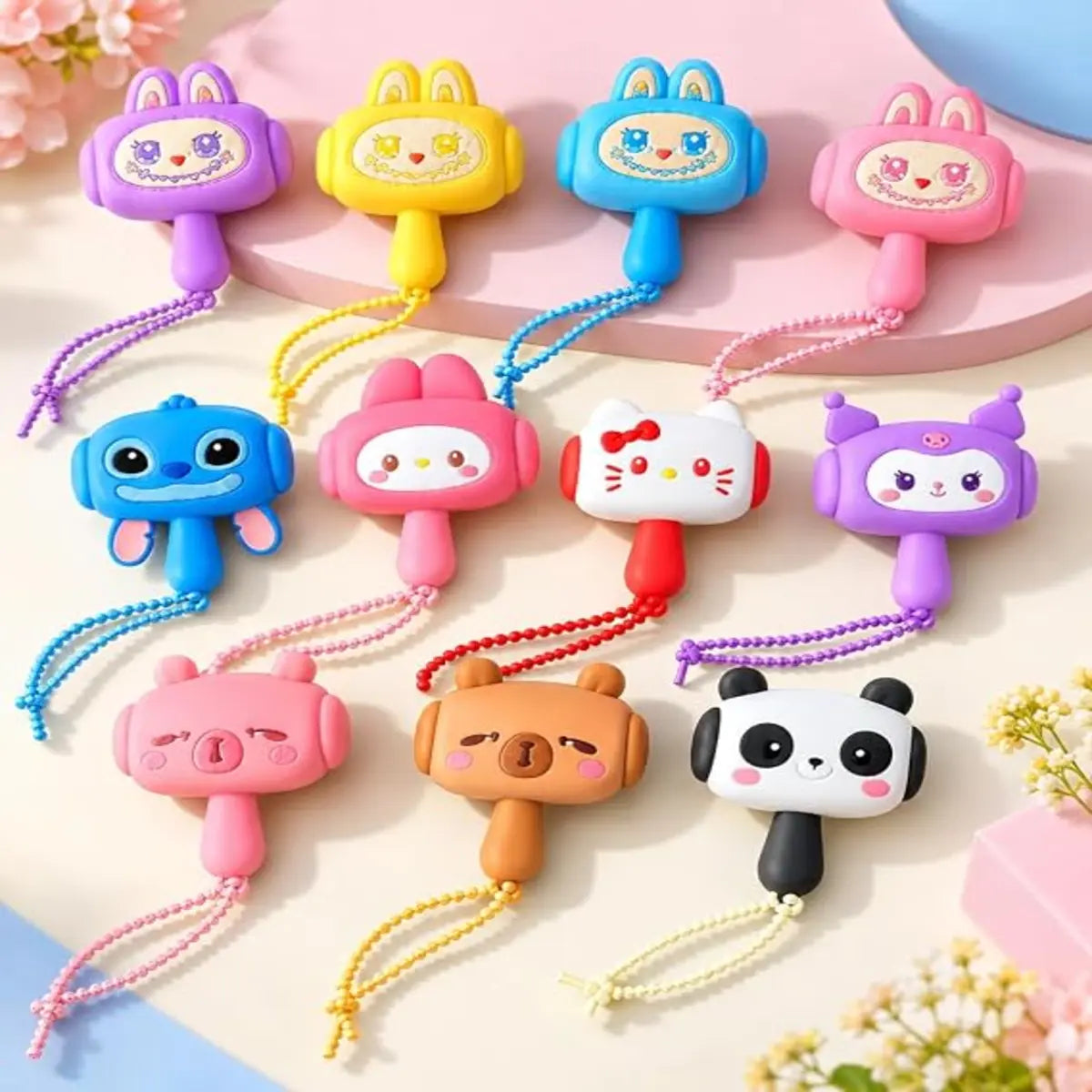 Cartoon animal musical hammer keychain toy with a cute character design