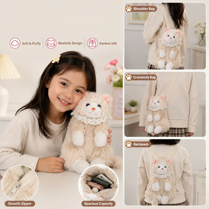 Cute realistic plush cat shoulder bag with soft fur and adjustable strap for kids