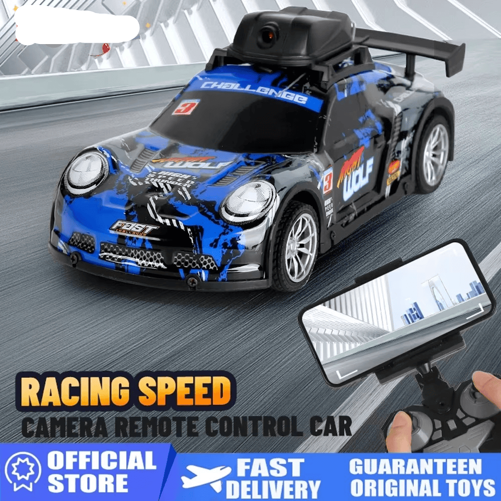 Toy racing car with camera and remote control on a road, featuring toynix branding.