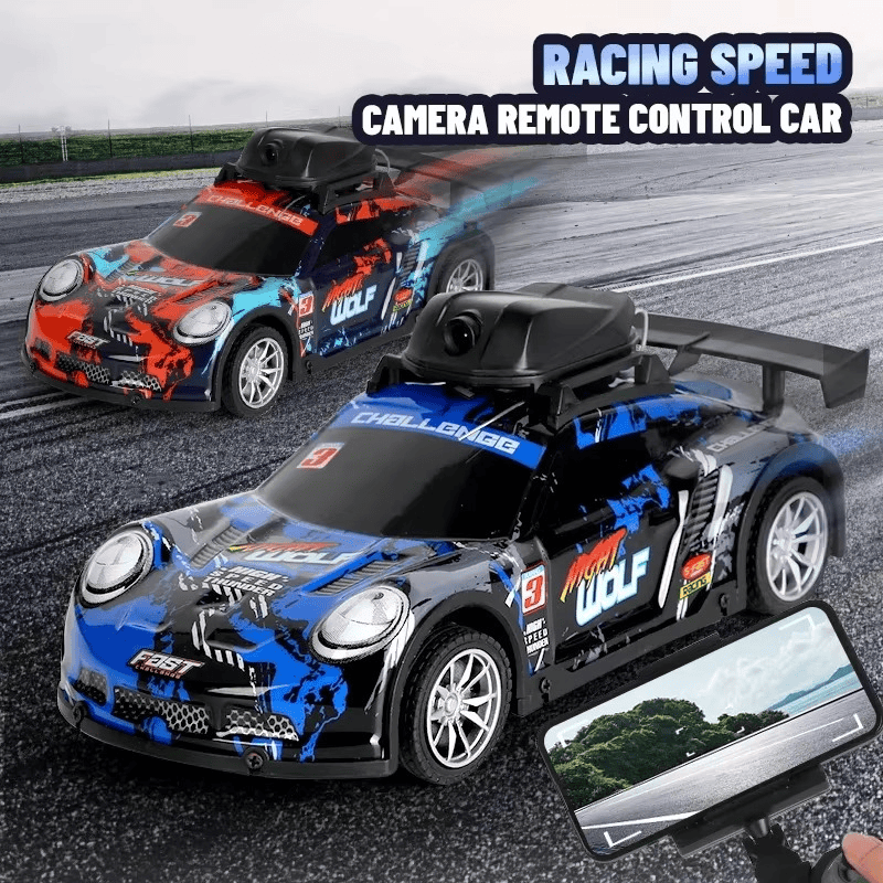 Two remote control cars on a racetrack with one displaying a camera and smartphone interface.