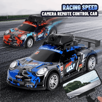 Two remote control cars on a racetrack with one displaying a camera and smartphone interface.