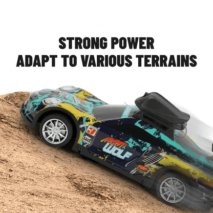 Colorful toy racing car on a dirt surface with text about its features.
