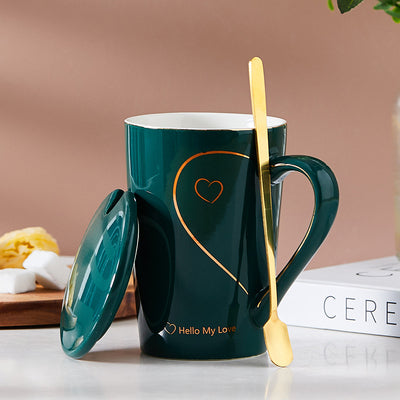 Heart Pattern Ceramic Mug Set, Love Sign Ceramic Couple Mug Set, Creative Mug with Lid and Spoon, Luxury Marble Ceramic Coffee Cups - Deliverrpk