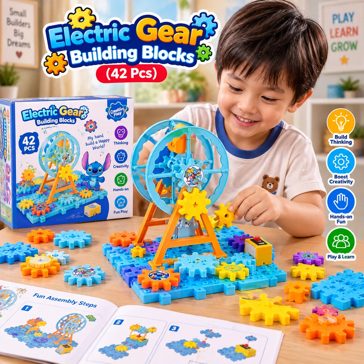 A child building an electric gear toy set with colorful plastic gears and a blue wheel on a wooden table, with the product box, instruction sheet, and promotional text visible.