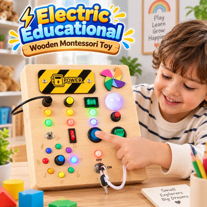 Wooden toy control panel with colorful buttons and a hand pressing a button.