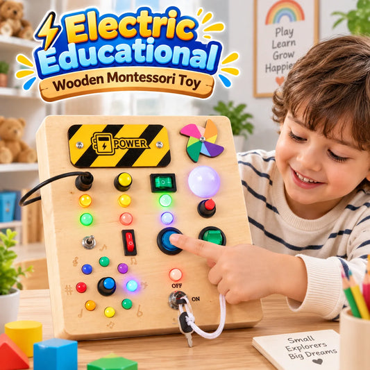 Wooden toy control panel with colorful buttons and a hand pressing a button.